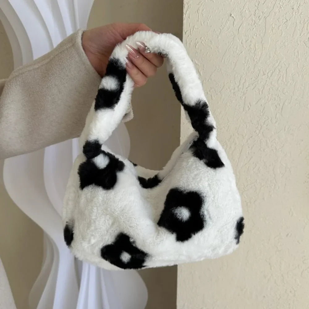 Soft Plush Leopard Pattern Shoulder Tote Handbag