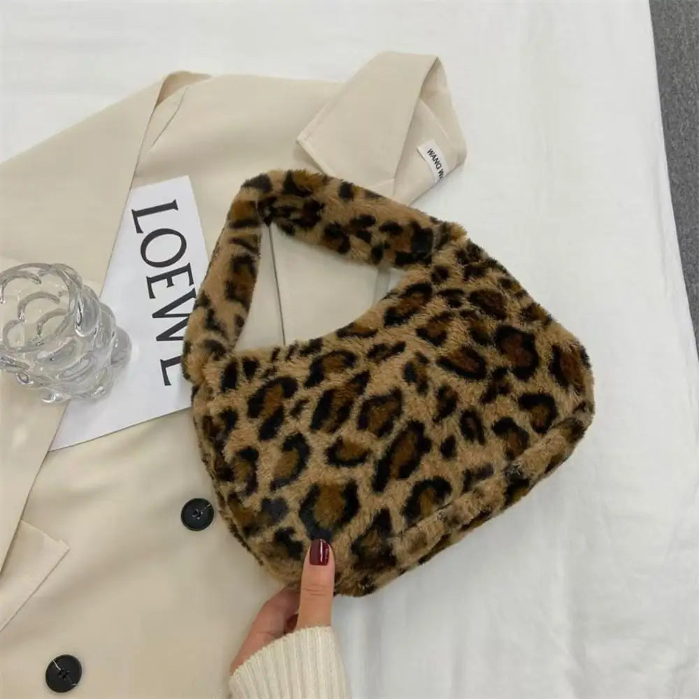 Soft Plush Leopard Pattern Shoulder Tote Handbag