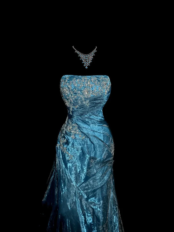 Charming Strapless Blue Tulle Sequin Beaded Mermaid Evening Dress Long Birthday Party Dress D1209