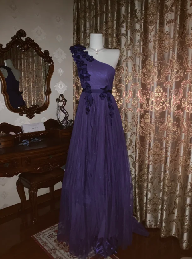Elegant Purple One Shoulder Tulle Appliques A Line Wedding Guest Dress Long Party Dress D1721