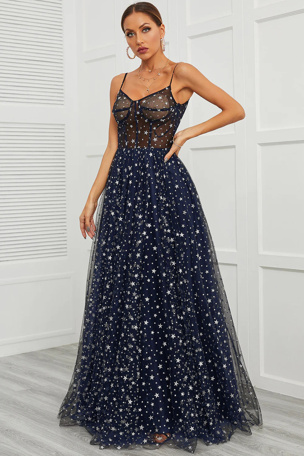 Spaghetti Straps Navy Long Prom Dress with Star - Fashionpara