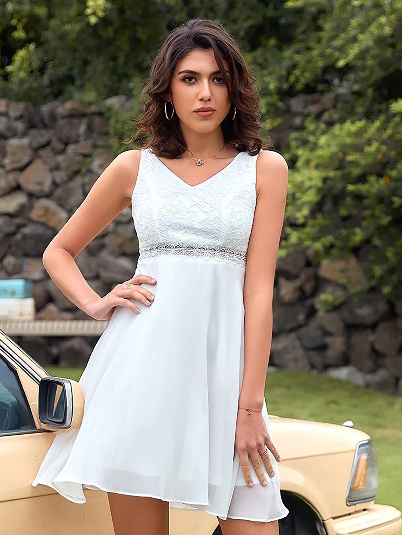 White Lace Chiffon A Line Short Graduation Party Dress - Fashionpara
