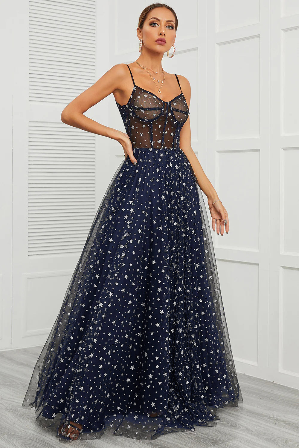 Spaghetti Straps Navy Long Prom Dress with Star - Fashionpara