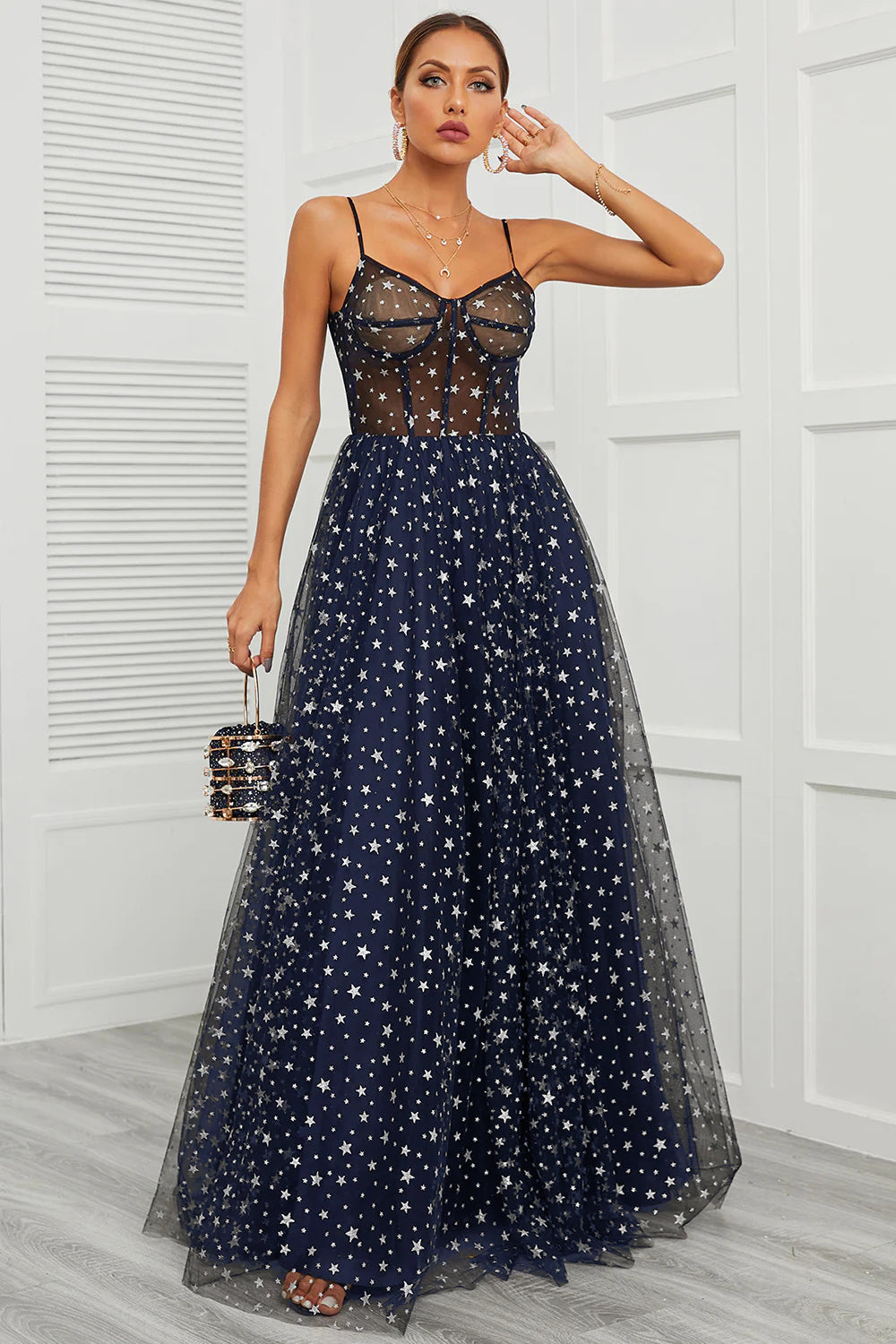 Spaghetti Straps Navy Long Prom Dress with Star - Fashionpara