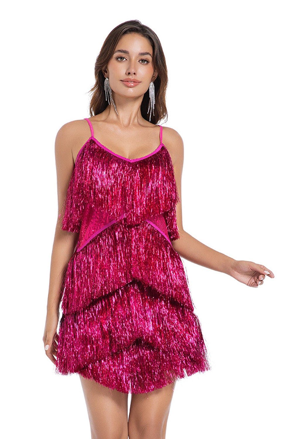 Sparkly Golden Tight Tiered Short Homecoming Dress with Fringes