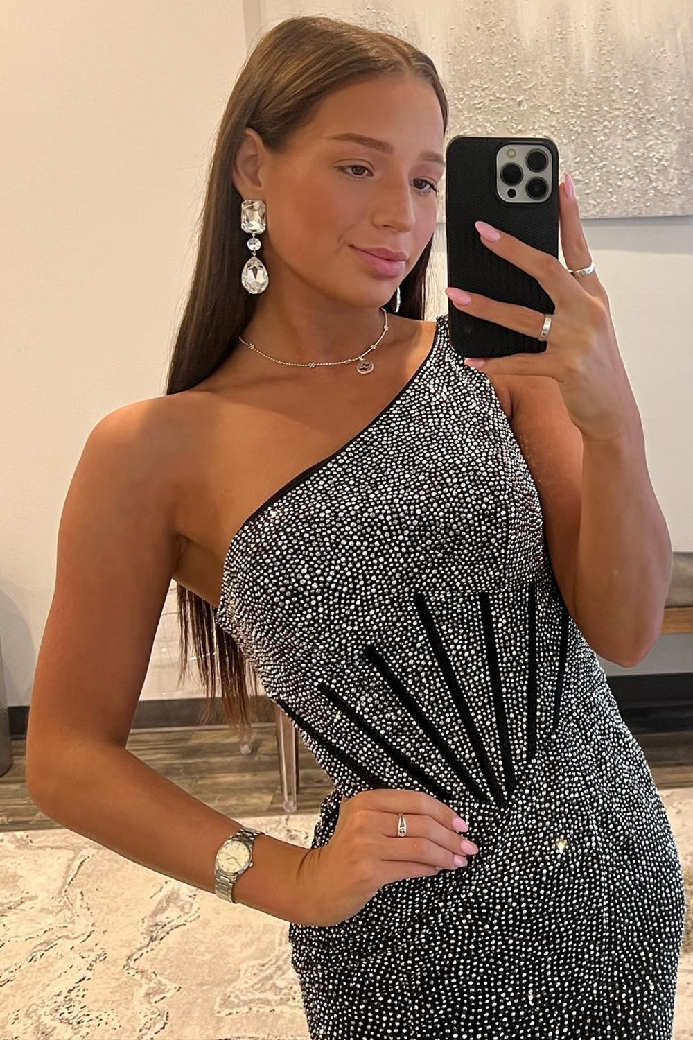 Black Sparkly Mermaid One Shoulder Keyhole Back Long Beaded Prom Dress