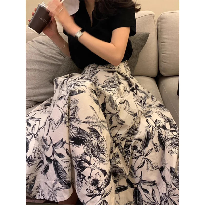 Ink Painting Skirt Women Autumn Winter High Waist Swing Skirt