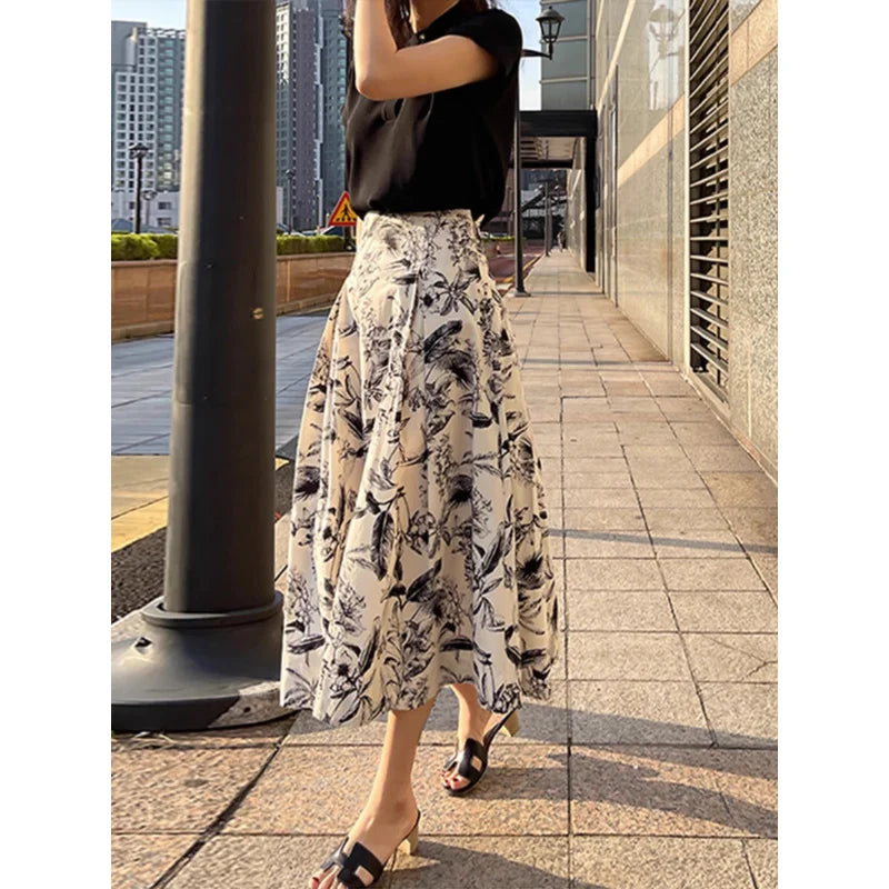Ink Painting Skirt Women Autumn Winter High Waist Swing Skirt