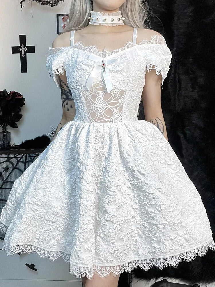 Lace Off Shoulder Puff Sleeve A-Line Mini Dress