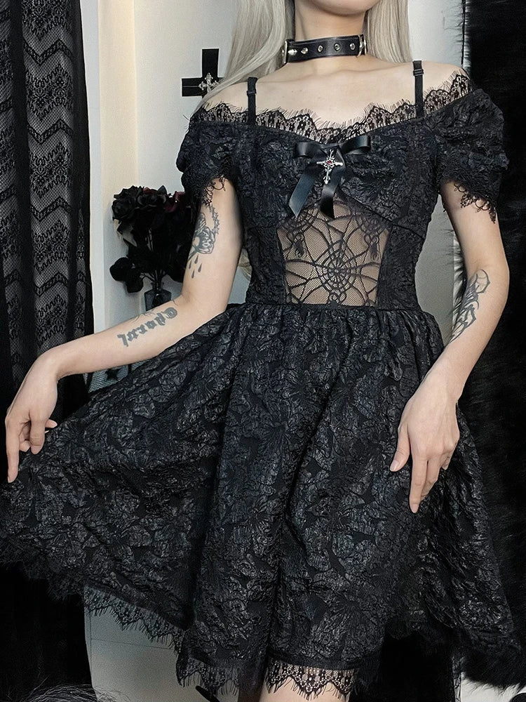 Lace Off Shoulder Puff Sleeve A-Line Mini Dress