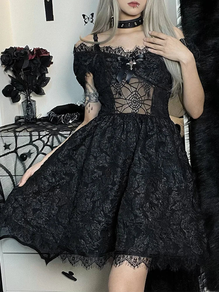 Lace Off Shoulder Puff Sleeve A-Line Mini Dress