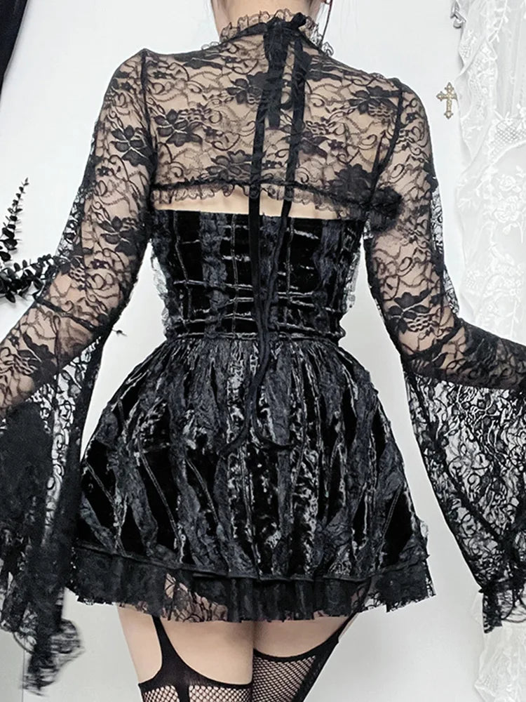 Velvet Lace Halter Neck Lace-Up Tiered Mini Dress
