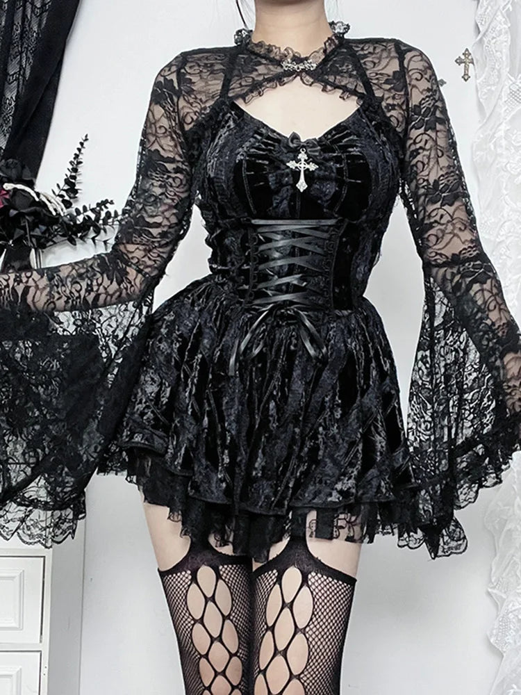 Velvet Lace Halter Neck Lace-Up Tiered Mini Dress