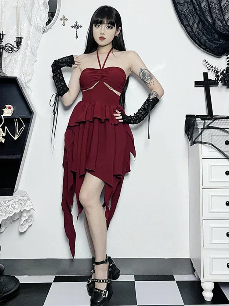 Halter Neck Cut Out Ruffle Asymmetric Hem Mini Dress - View 2