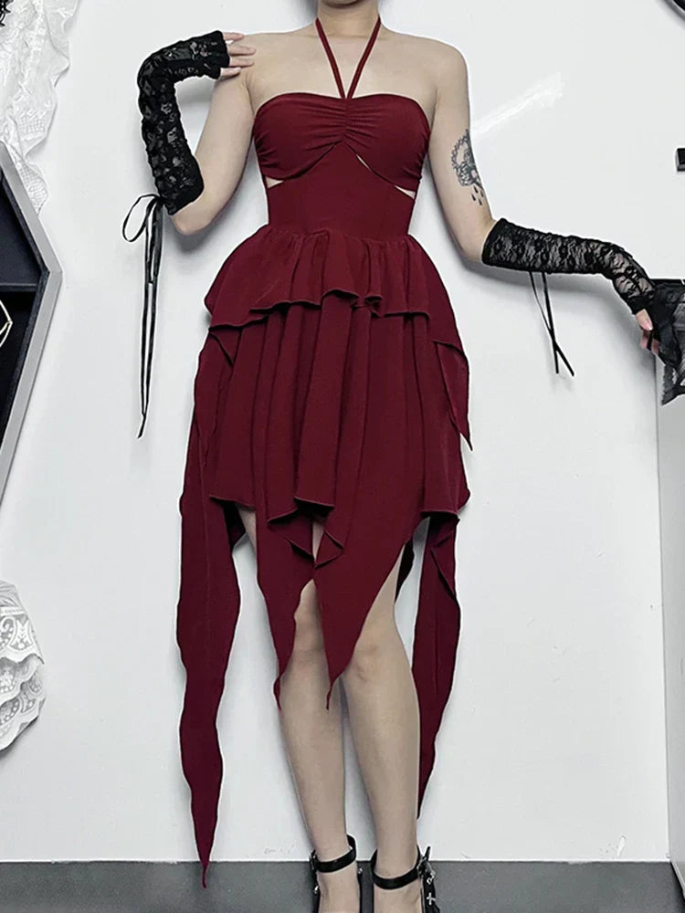 Halter Neck Cut Out Ruffle Asymmetric Hem Mini Dress - View 3
