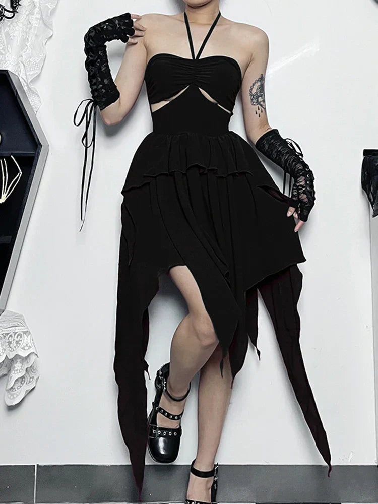 Halter Neck Cut Out Ruffle Asymmetric Hem Mini Dress - View 7