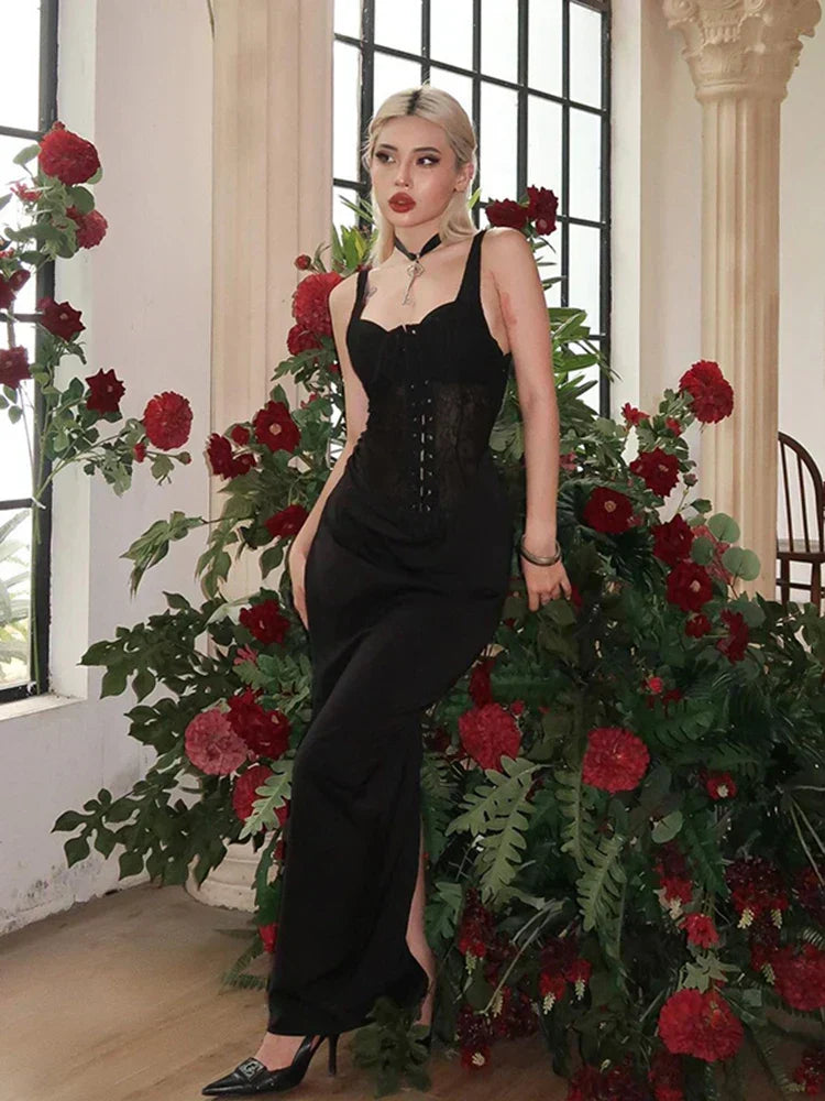 Lace Patchwork Strappy Backless See Through Party Dress - View 5