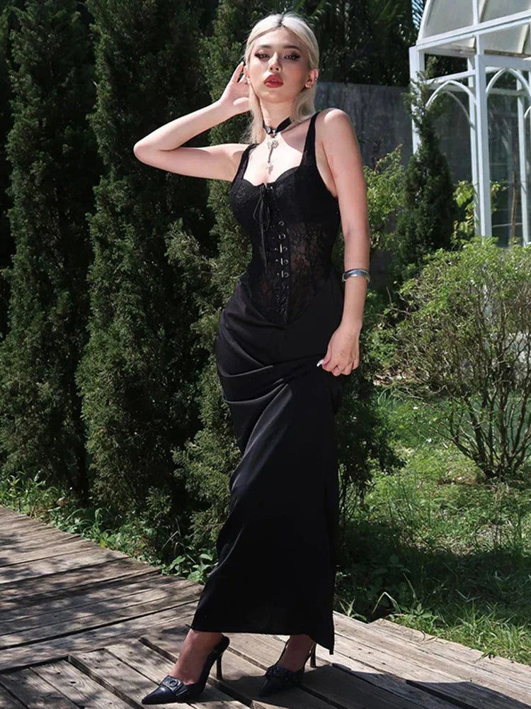 Lace Patchwork Strappy Backless See Through Party Dress - View 3