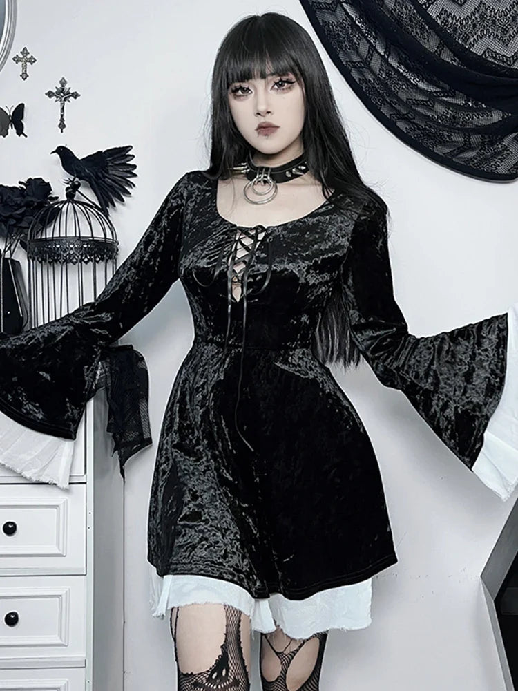 Velvet Scoop Neck Bell Sleeve Lace-Up A-Line Mini Dress