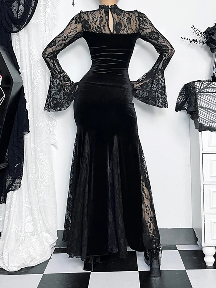 Velvet Lace-Panel V-Neck Bell-Sleeve Mermaid Maxi Dress 6