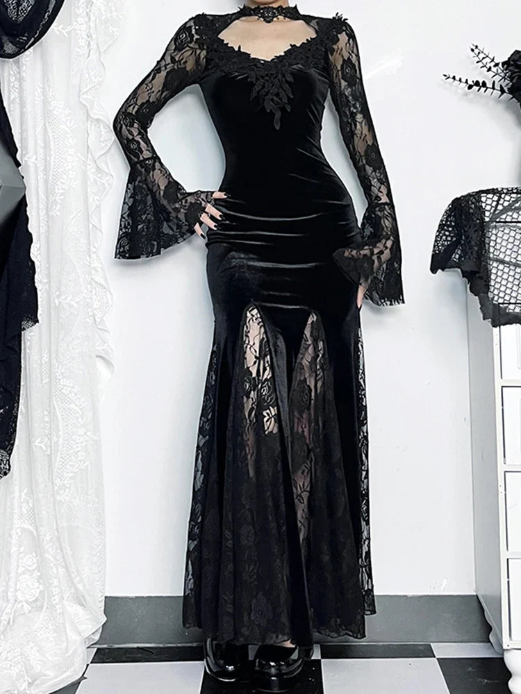 Velvet Lace-Panel V-Neck Bell-Sleeve Mermaid Maxi Dress 3