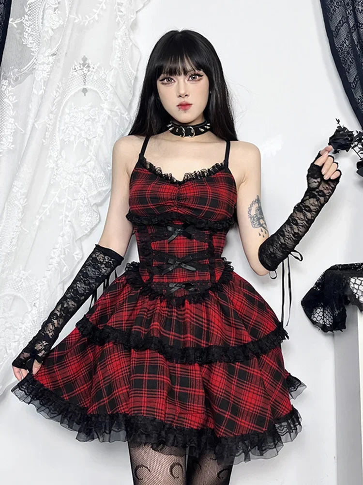 Plaid Lace-Up Corset Tiered Ruffle Mini Dress