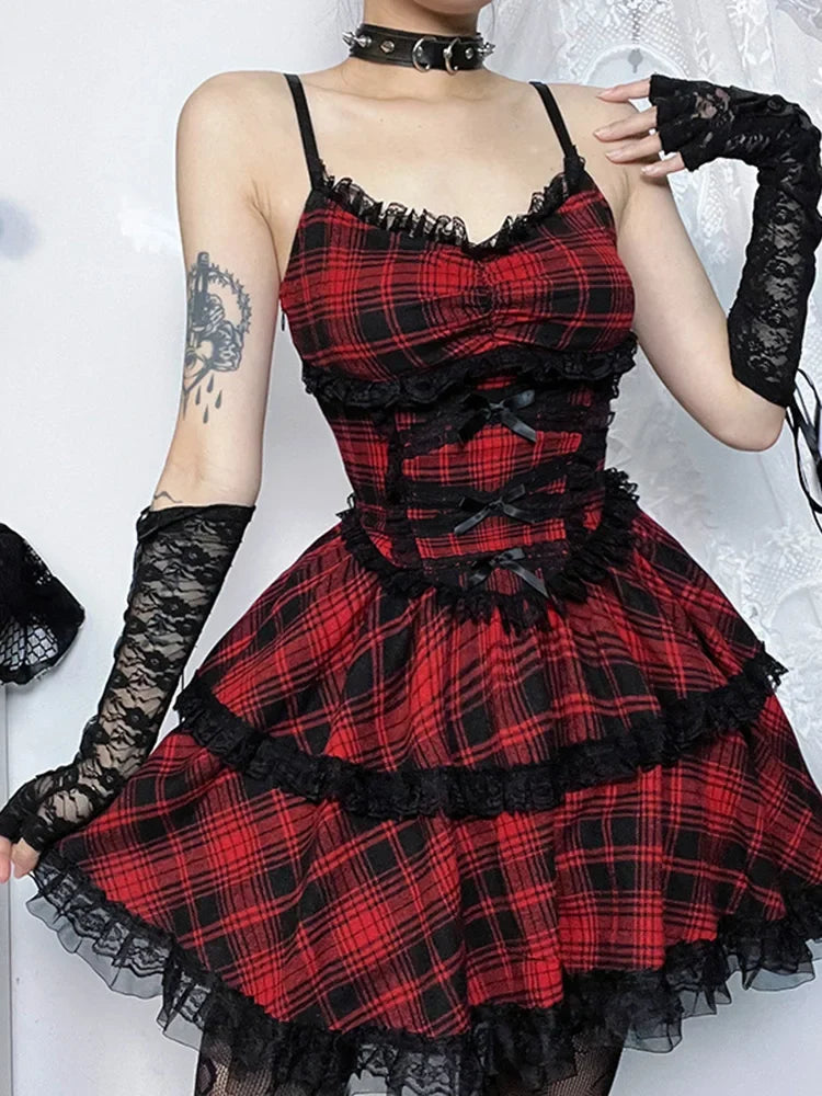Plaid Lace-Up Corset Tiered Ruffle Mini Dress