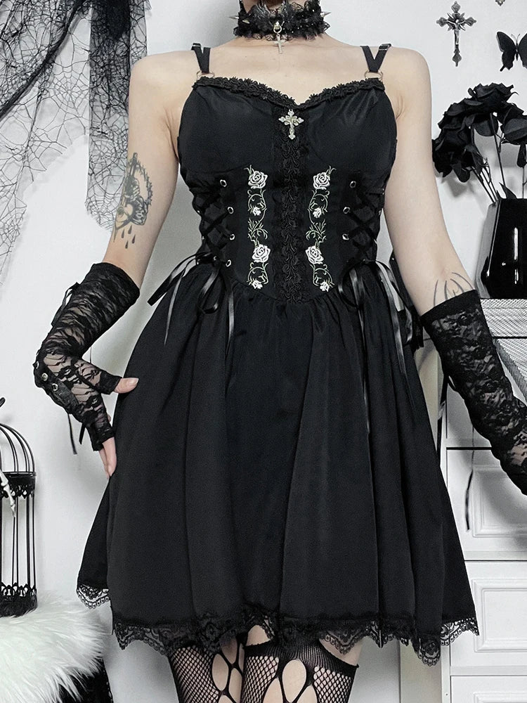 Lace Up Sweetheart Lace Trim Floral Embroidered A-Line Mini Dress - View 2