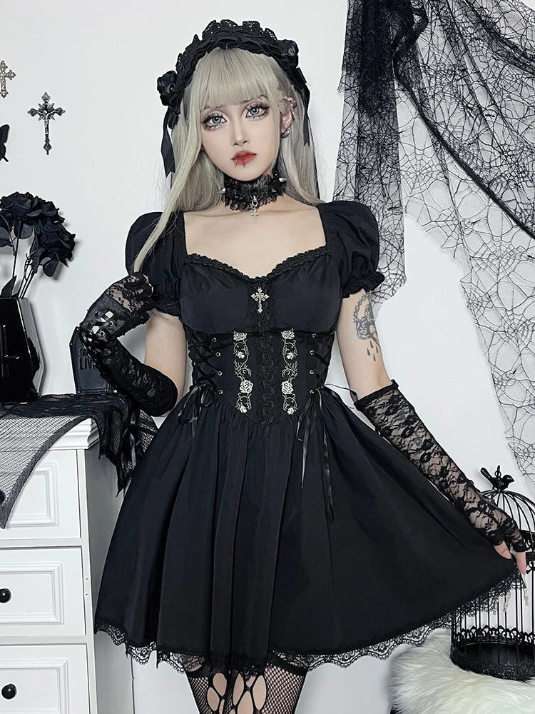 Lace Up Sweetheart Lace Trim Floral Embroidered A-Line Mini Dress - View 7