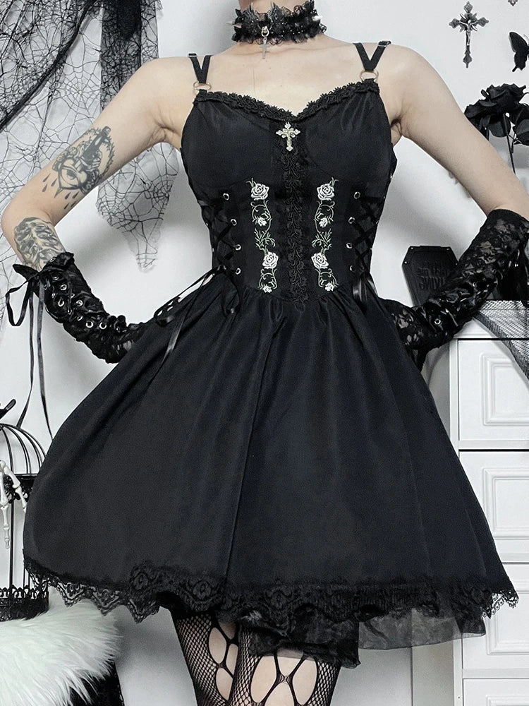 Lace Up Sweetheart Lace Trim Floral Embroidered A-Line Mini Dress - View 3