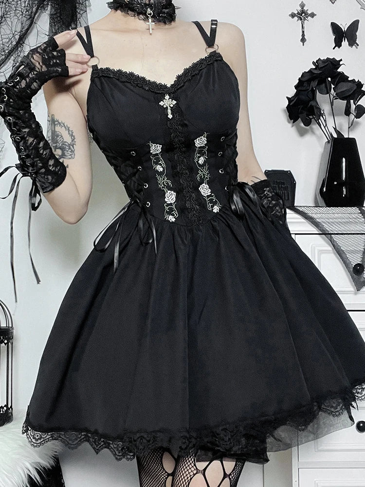 Lace Up Sweetheart Lace Trim Floral Embroidered A-Line Mini Dress - View 4