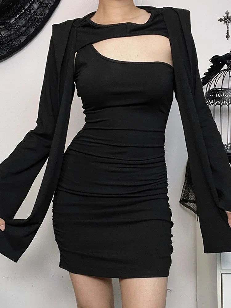 Hooded Shrug Long Sleeve Bodycon Mini Dress Set