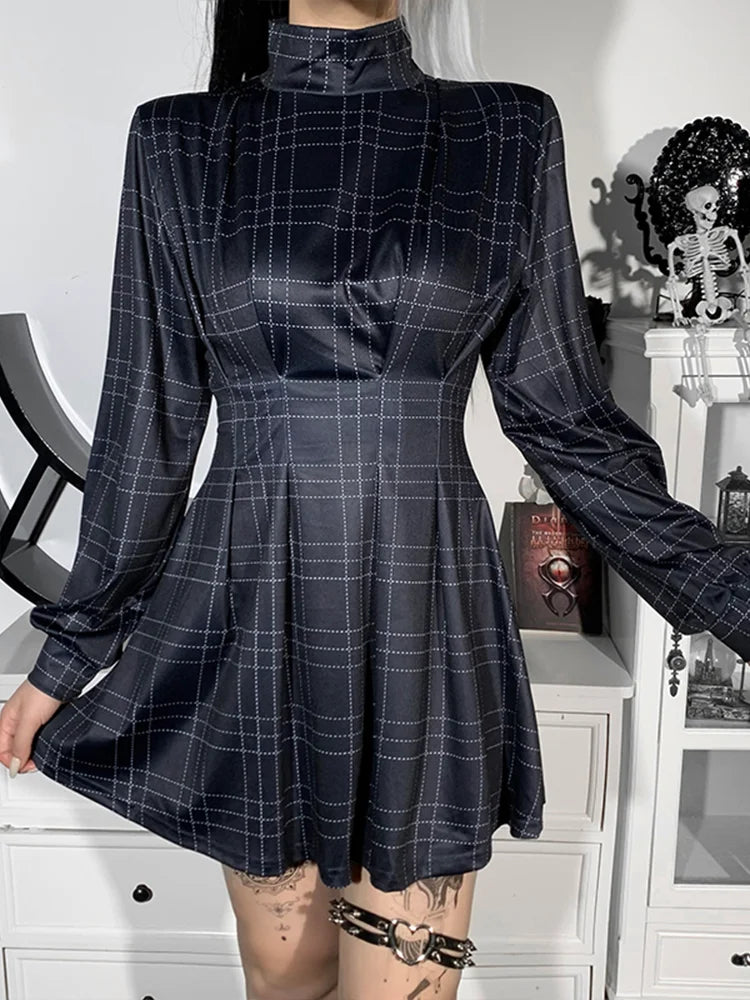 Gothic Plaid Winter Long Sleeve Turtleneck A-Line Pleated Corset Dress - Fashionpara
