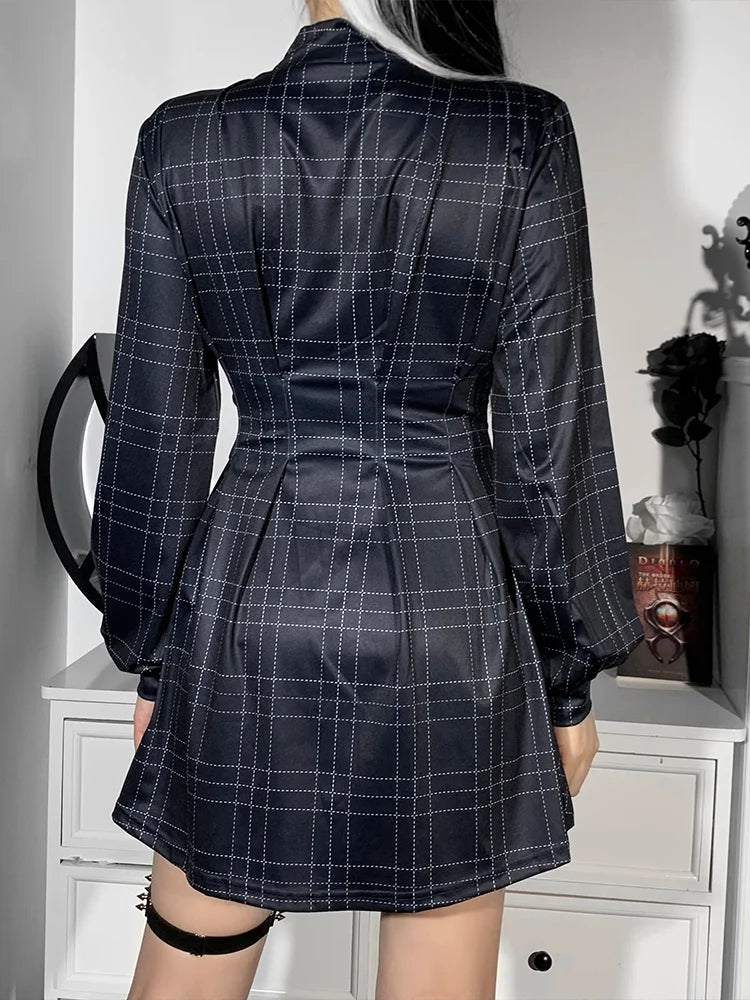 Plaid High Neck Long Sleeve Pleated Fit and Flare Mini Dress - View 6