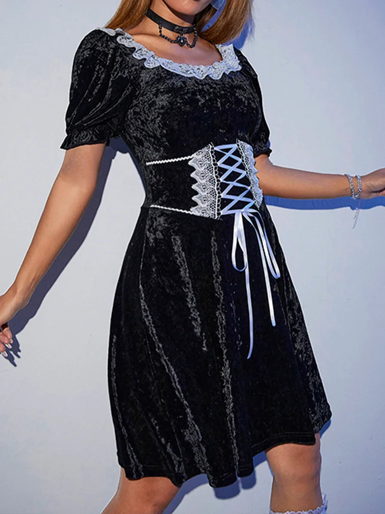 Black Velvet Harajuku Corset A-Line Summer Fashion Party Dress - Fashionpara