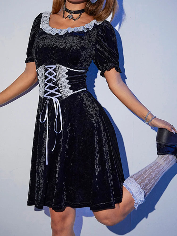 Black Velvet Harajuku Corset A-Line Summer Fashion Party Dress - Fashionpara