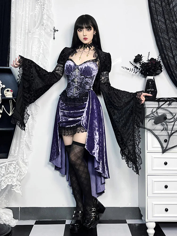 Velvet Spaghetti Strap Corset Lace Trim High Low Mini Dress - View 2