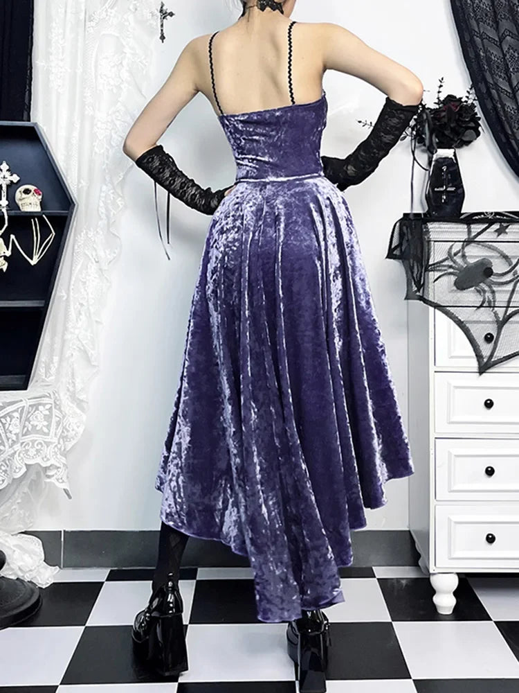 Velvet Spaghetti Strap Corset Lace Trim High Low Mini Dress - View 4
