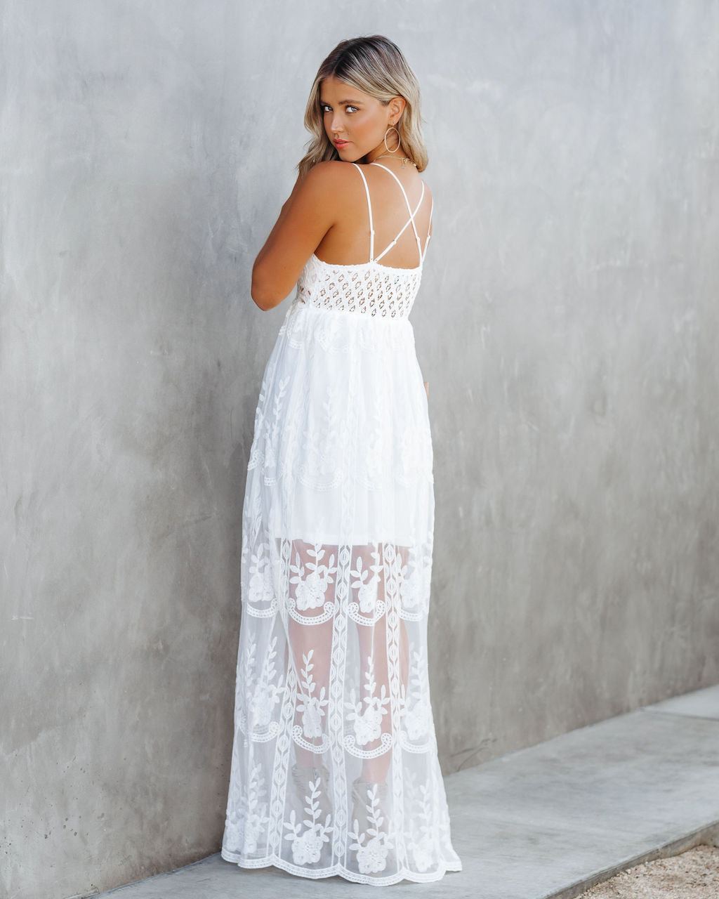 Embroidered Sweetheart Neck Sheer Tiered Maxi Dress