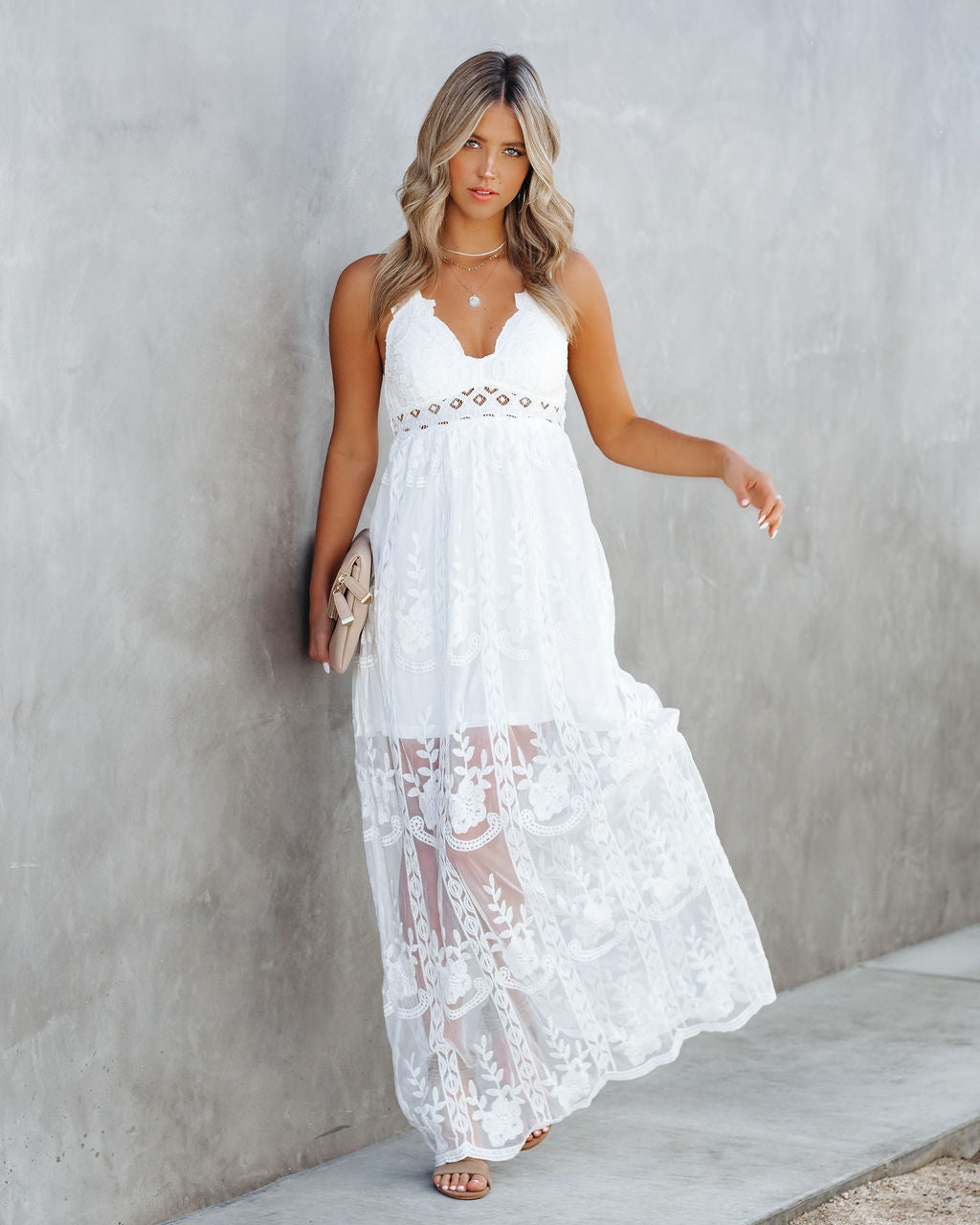 Embroidered Sweetheart Neck Sheer Tiered Maxi Dress