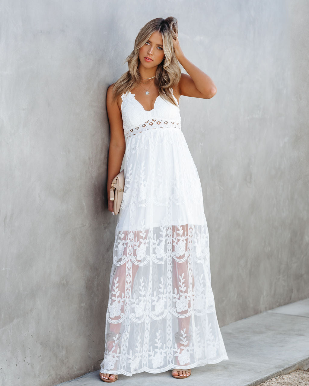 Embroidered Sweetheart Neck Sheer Tiered Maxi Dress