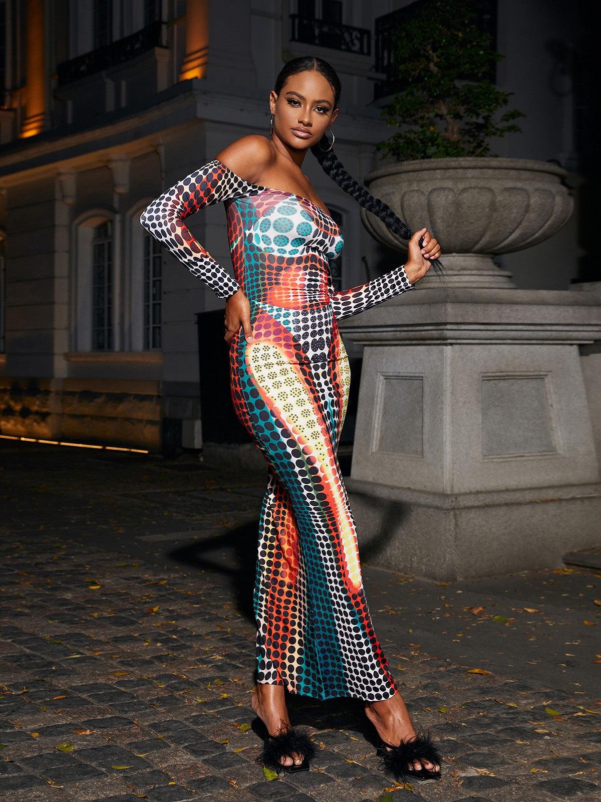 Optical Dot Print Off-Shoulder Long Sleeve Bodycon Maxi Dress 4