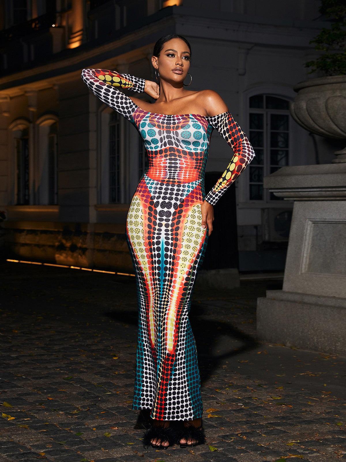 Optical Dot Print Off-Shoulder Long Sleeve Bodycon Maxi Dress 2