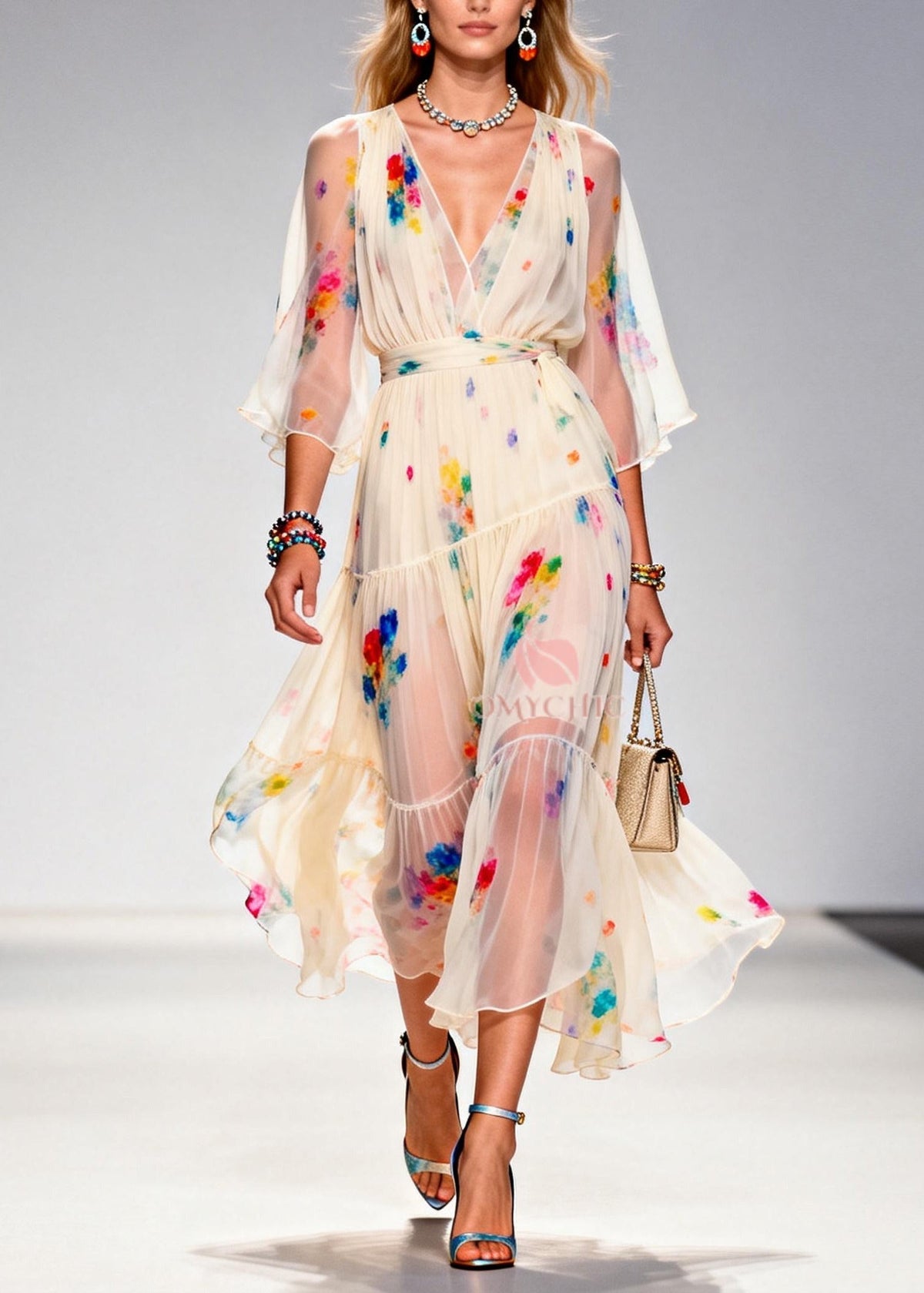 Floral Print Deep V-Neck Wrap Bodice Bell Sleeve Midi Dress
