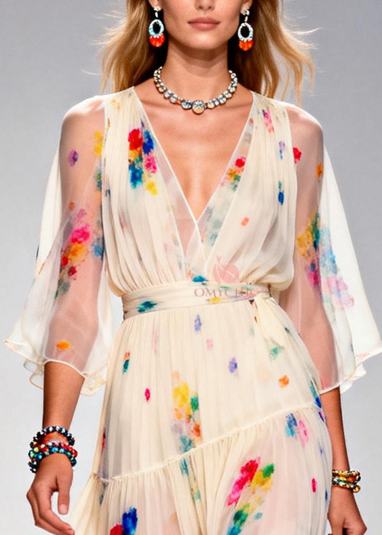 Floral Print Deep V-Neck Wrap Bodice Bell Sleeve Midi Dress - View 2