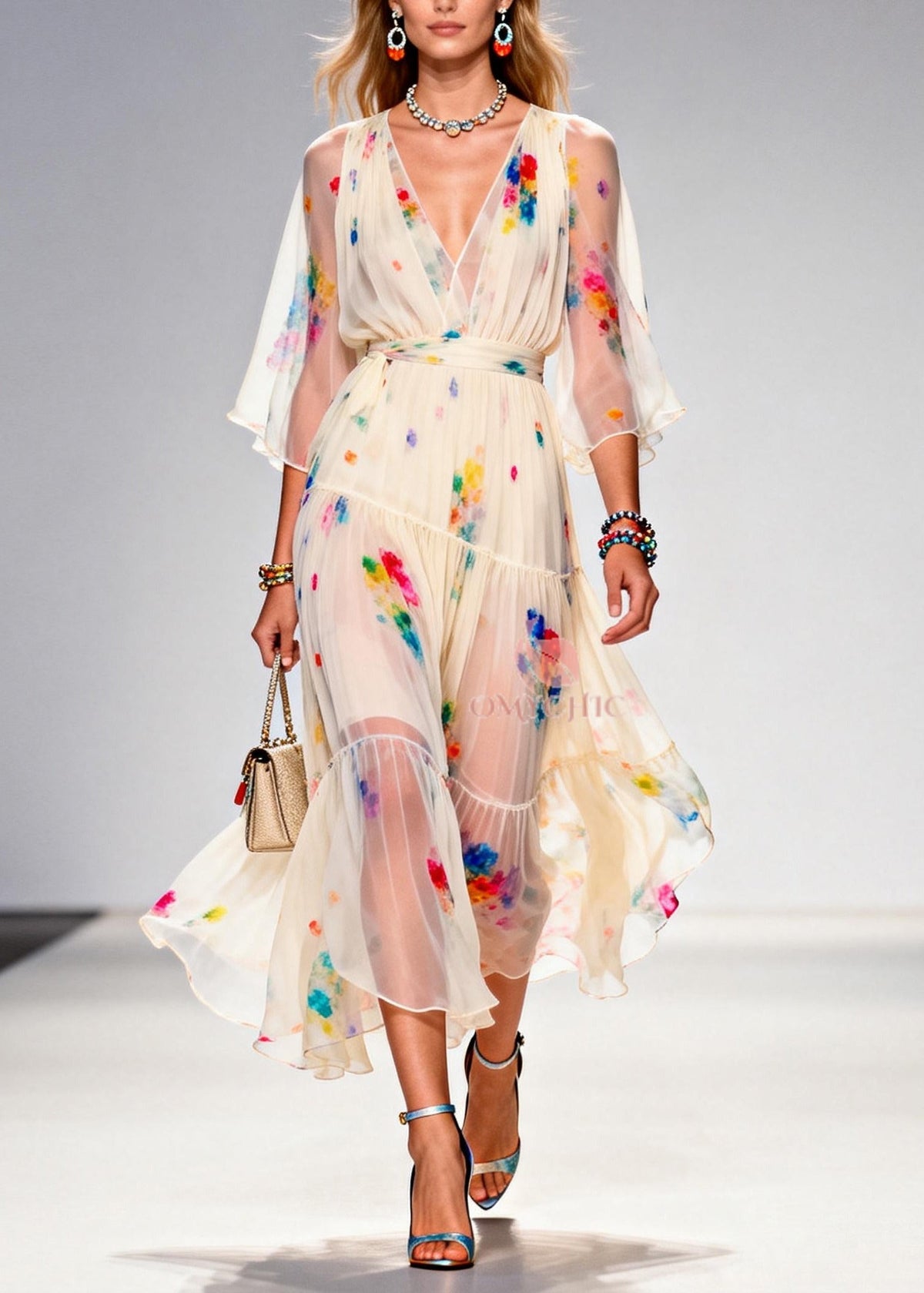Floral Print Deep V-Neck Wrap Bodice Bell Sleeve Midi Dress - View 3