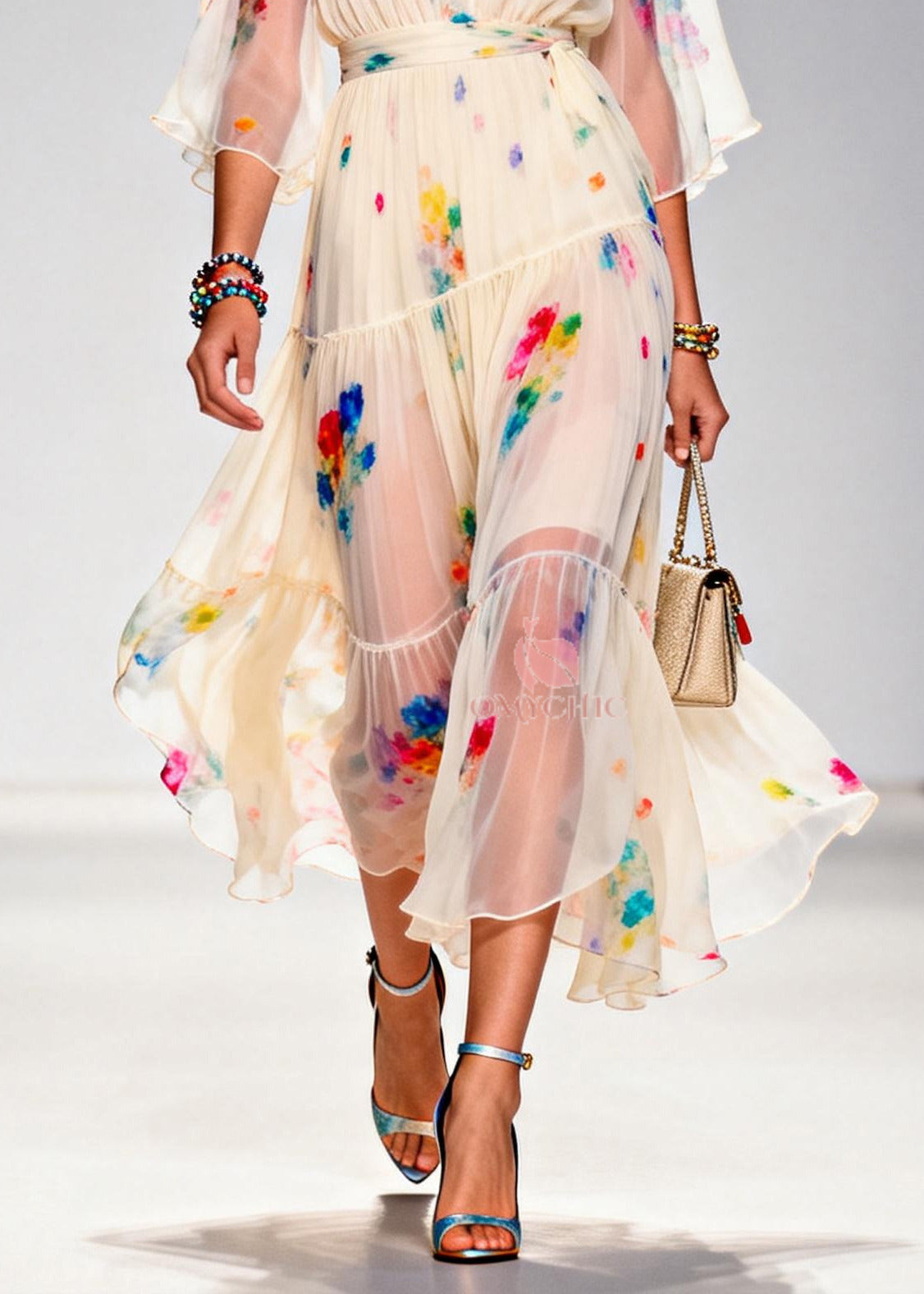 Floral Print Deep V-Neck Wrap Bodice Bell Sleeve Midi Dress - View 4
