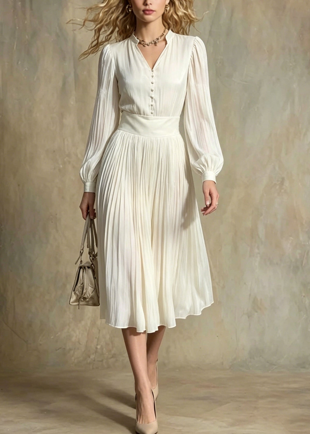 Pleated Chiffon V-Neck Mandarin Collar Button Front Midi Dress