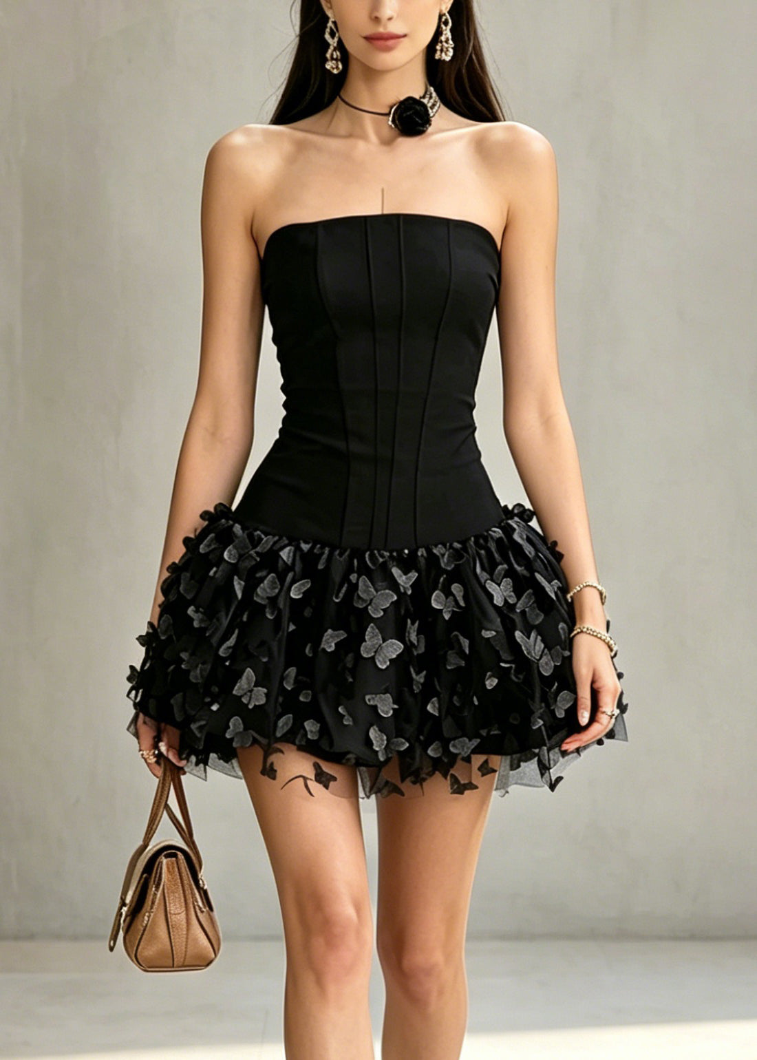 Strapless Corset Butterfly Applique Mesh Tiered Mini Dress