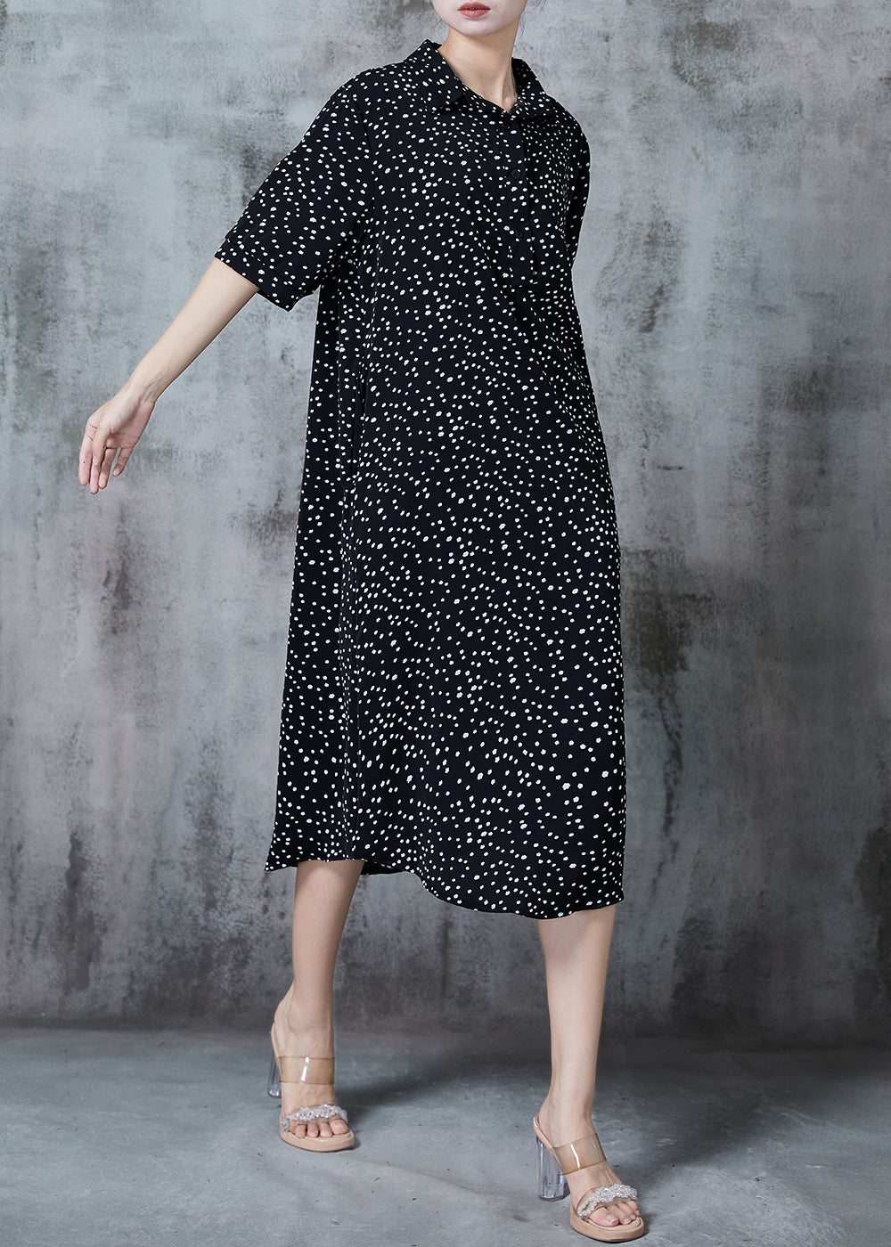 Polka Dot Print Shirt Collar Button Front Elbow Sleeve Midi Dress - View 3
